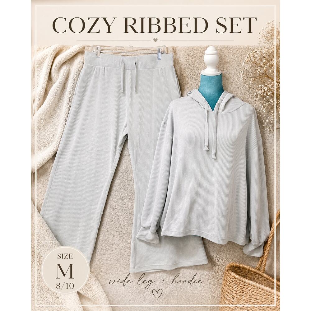 SERRA Ribbed Lounge Set Hoodie & Wide Leg Pants Gray Size M 8/10